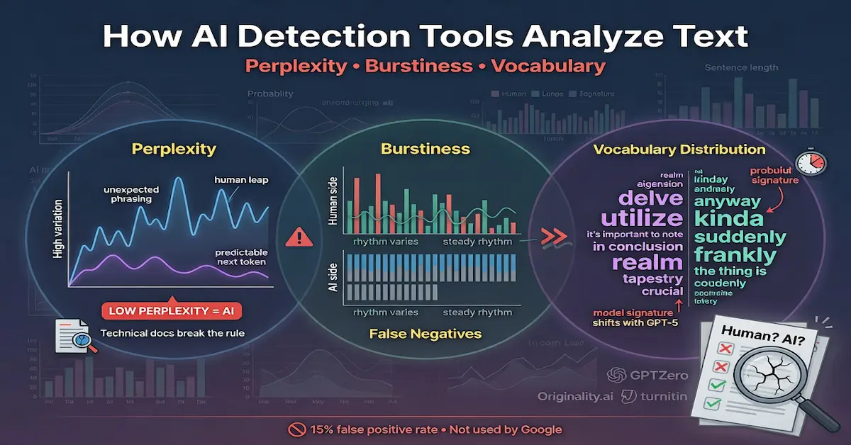 AI detection tools infographic explaining perplexity, burstiness, vocabulary analysis, and AI content detection methods for SEO.
