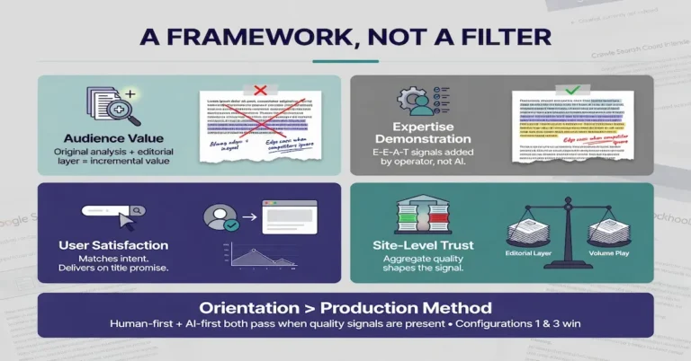 SEO content quality framework highlighting audience value, E-E-A-T, user satisfaction, and site trust for Google rankings.