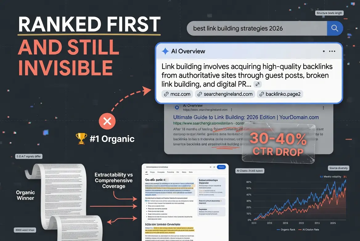 SEO infographic showing how Google AI Overviews impact organic rankings, click-through rates, and search visibility despite first-page rankings.