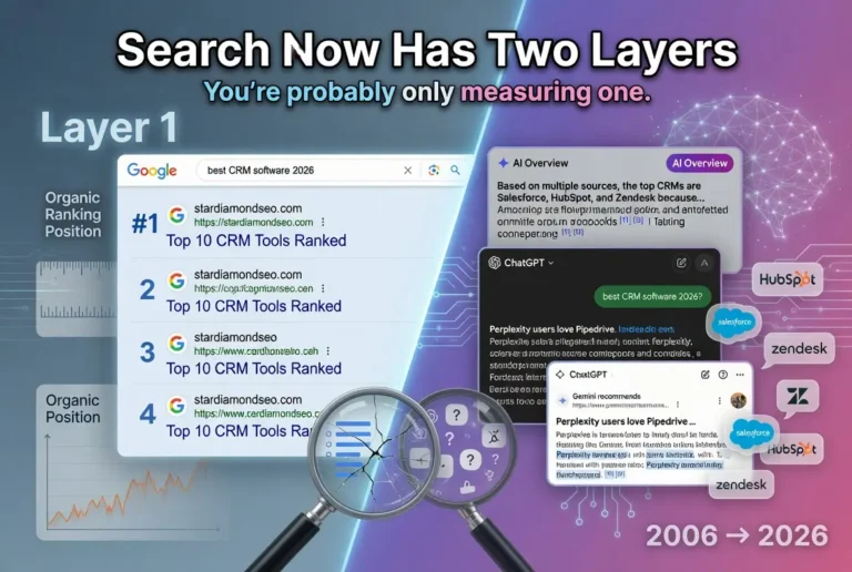"Infographic illustrating the two layers of modern search visibility, comparing traditional Google organic rankings with AI-powered search experiences such as AI Overviews and conversational AI platforms, emphasizing that SEO success now depends on both search rankings and AI-generated visibility."