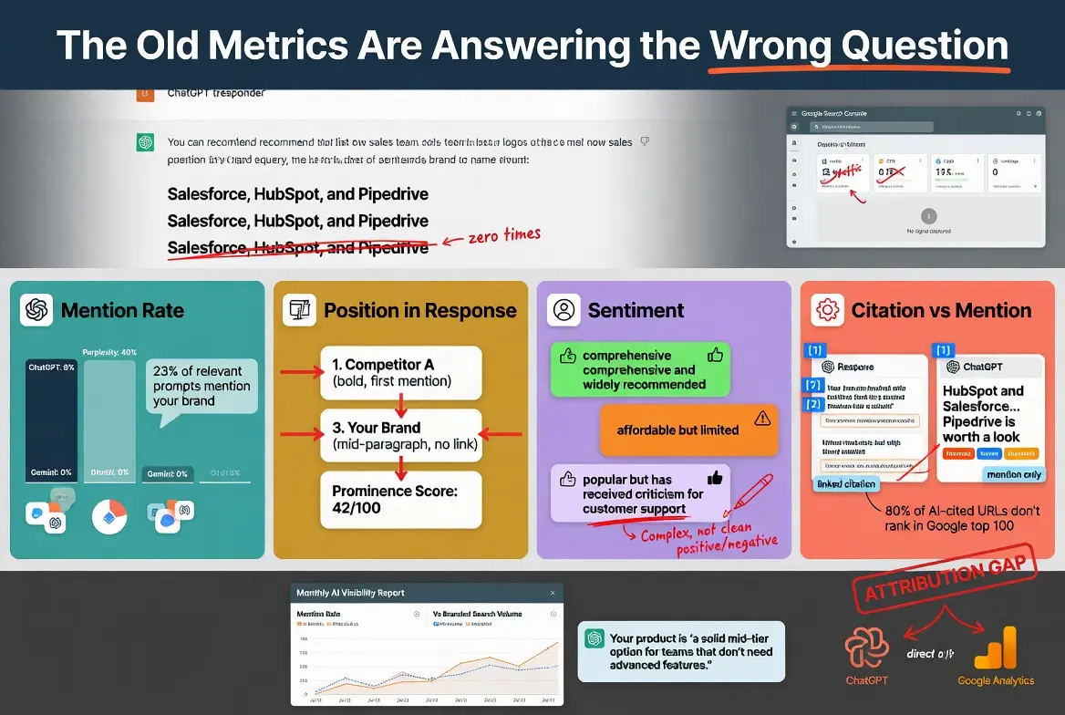 AI SEO performance metrics infographic comparing brand mentions, response position, sentiment, citations, and AI search visibility.