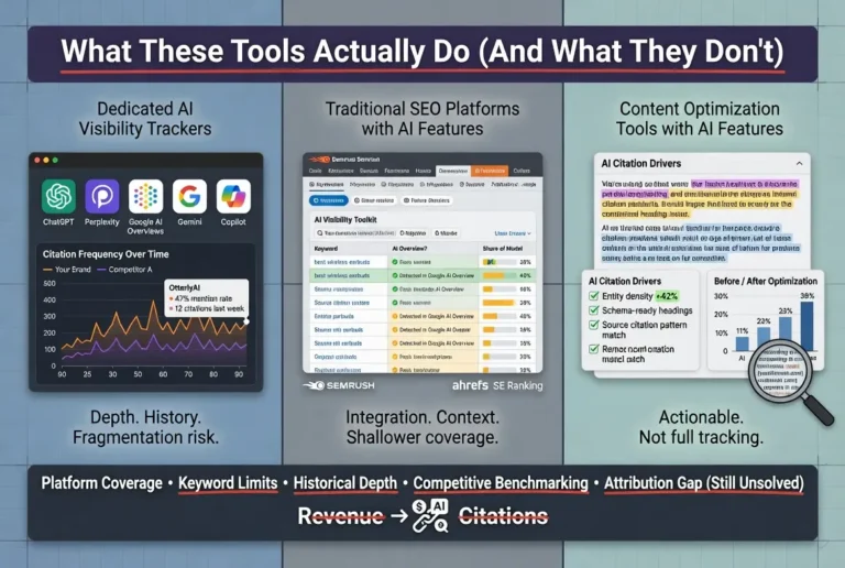 Comparison infographic showing AI visibility tracking tools, traditional SEO platforms, and AI-powered content optimization tools, explaining their capabilities, limitations, and role in AI search optimization.