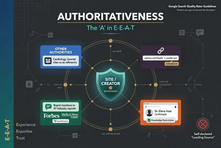 Infographic explaining Authoritativeness in Google's E-E-A-T framework, showing how editorial backlinks, brand mentions, expert recognition, and industry citations build website authority.