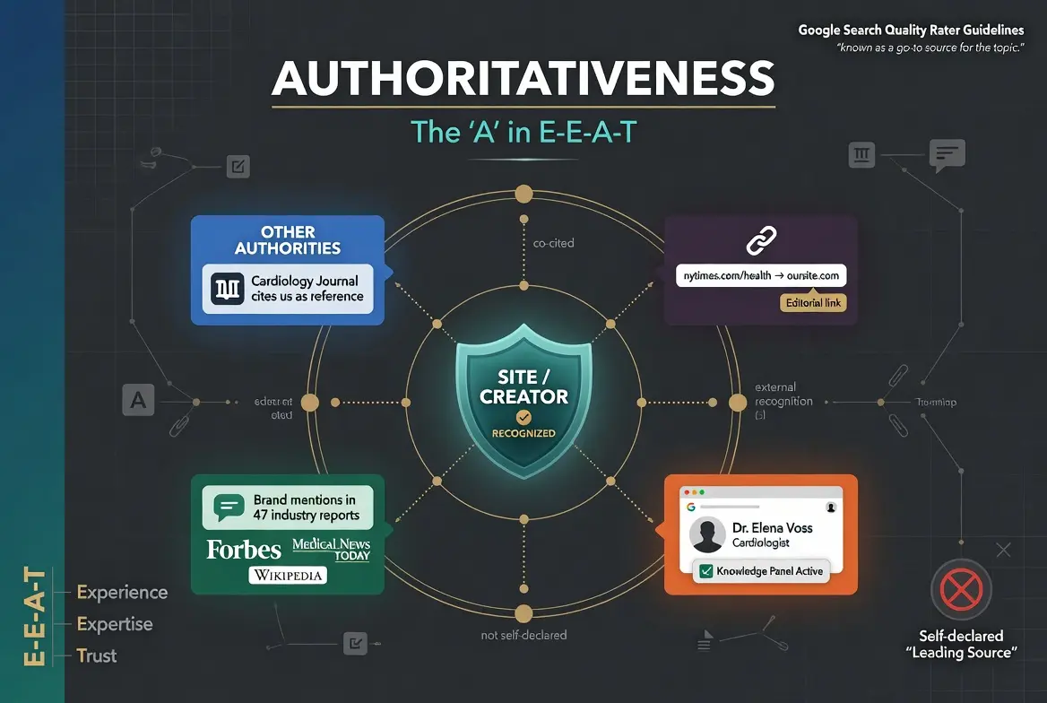 Infographic explaining Authoritativeness in Google's E-E-A-T framework, showing how editorial backlinks, brand mentions, expert recognition, and industry citations build website authority.