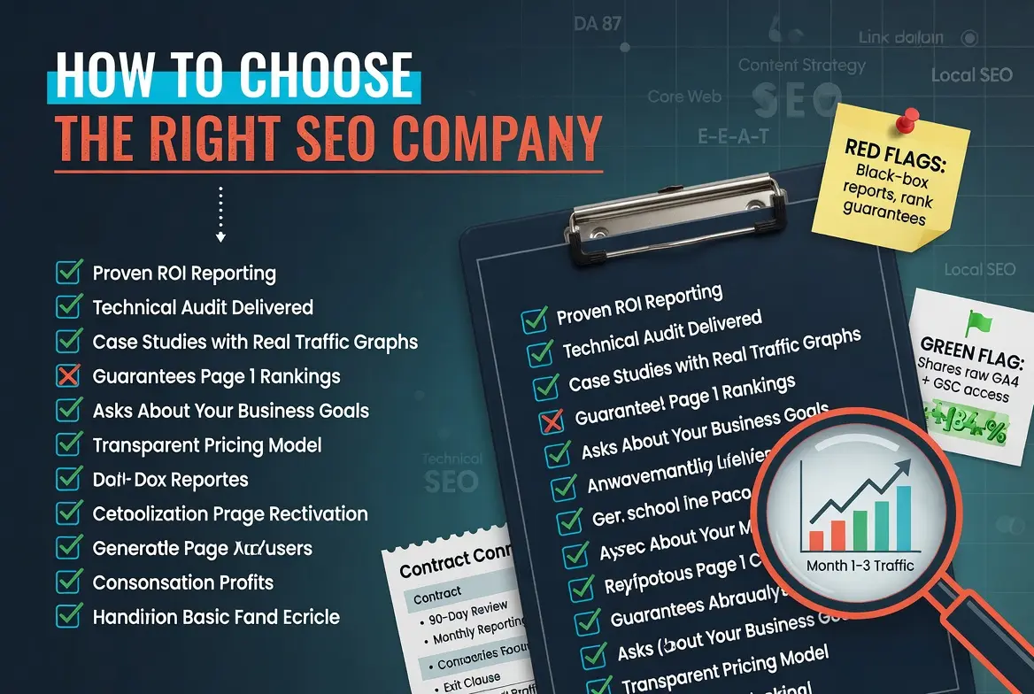 Infographic explaining how to choose the right SEO company by evaluating technical SEO audits, ROI reporting, case studies, transparent pricing, and avoiding unrealistic ranking guarantees.