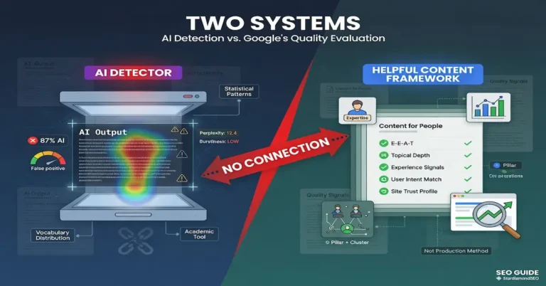 Infographic comparing AI content detectors with Google's Helpful Content framework, showing that AI detection scores have no connection to how Google evaluates content quality and rankings.