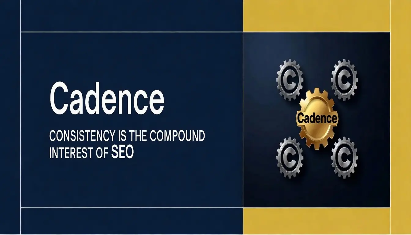 SEO publishing cadence infographic illustrating how consistent content publishing drives long-term SEO growth and organic search performance.