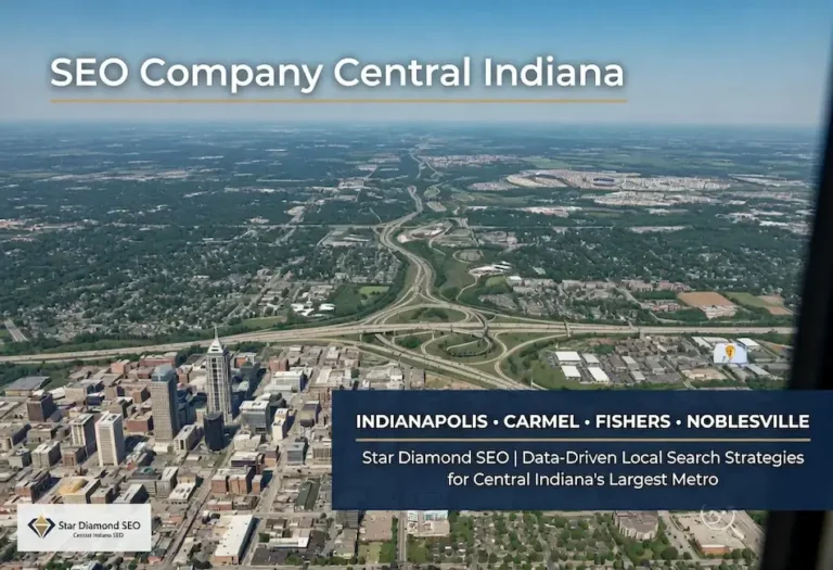 "Aerial view of Indianapolis and Central Indiana showcasing Star Diamond SEO's local SEO services for businesses in Indianapolis, Carmel, Fishers, and Noblesville, focused on improving local search visibility and organic growth."