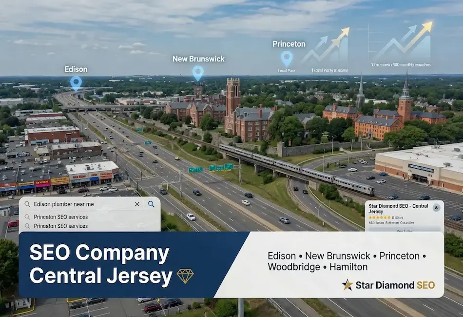 Aerial view of Central Jersey highlighting Edison, New Brunswick, and Princeton with map markers, representing SEO services across Central Jersey for businesses in Edison, New Brunswick, Princeton, Woodbridge, and Hamilton.