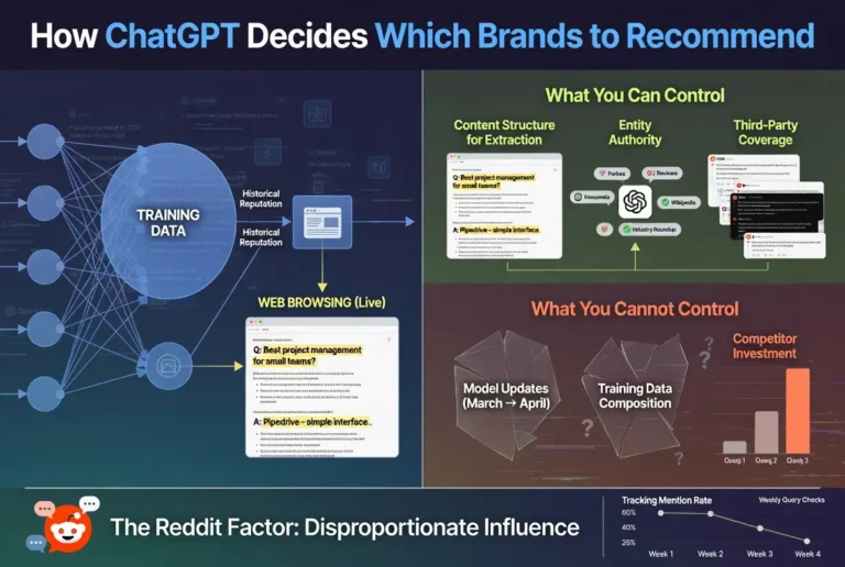 Infographic explaining how ChatGPT recommends brands, illustrating the roles of training data, live web content, content structure, entity authority, third-party mentions, and reputation signals, while distinguishing between factors businesses can influence and those outside their control for AI search visibility.