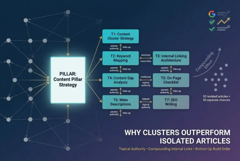 Content pillar strategy infographic showing how content clusters, keyword mapping, internal linking, content gap analysis, on-page SEO, SEO writing, and meta descriptions work together to build topical authority and improve Google rankings.