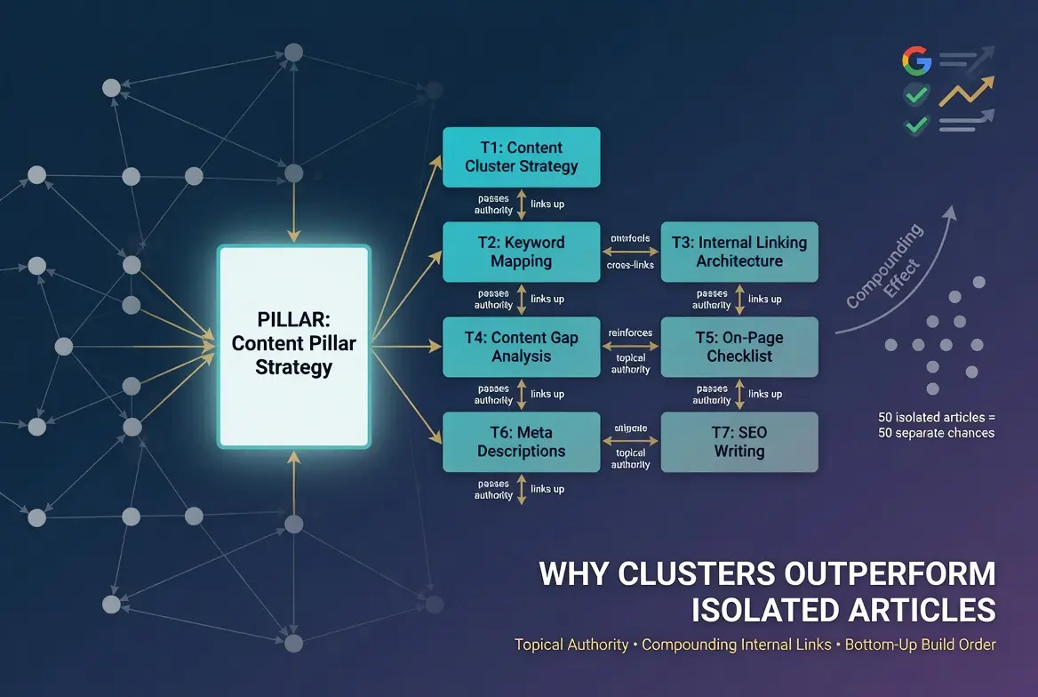 Content pillar strategy infographic showing how content clusters, keyword mapping, internal linking, content gap analysis, on-page SEO, SEO writing, and meta descriptions work together to build topical authority and improve Google rankings.