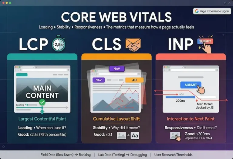Core Web Vitals infographic explaining Google's page experience metrics: Largest Contentful Paint (LCP), Cumulative Layout Shift (CLS), and Interaction to Next Paint (INP) for improving website performance and SEO.