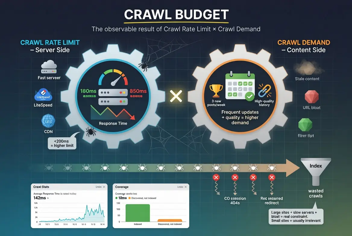 SEO crawl budget infographic explaining how crawl rate limit and crawl demand affect Google indexing, highlighting server response time, content freshness, crawl efficiency, redirects, 404 errors, and wasted crawl budget.