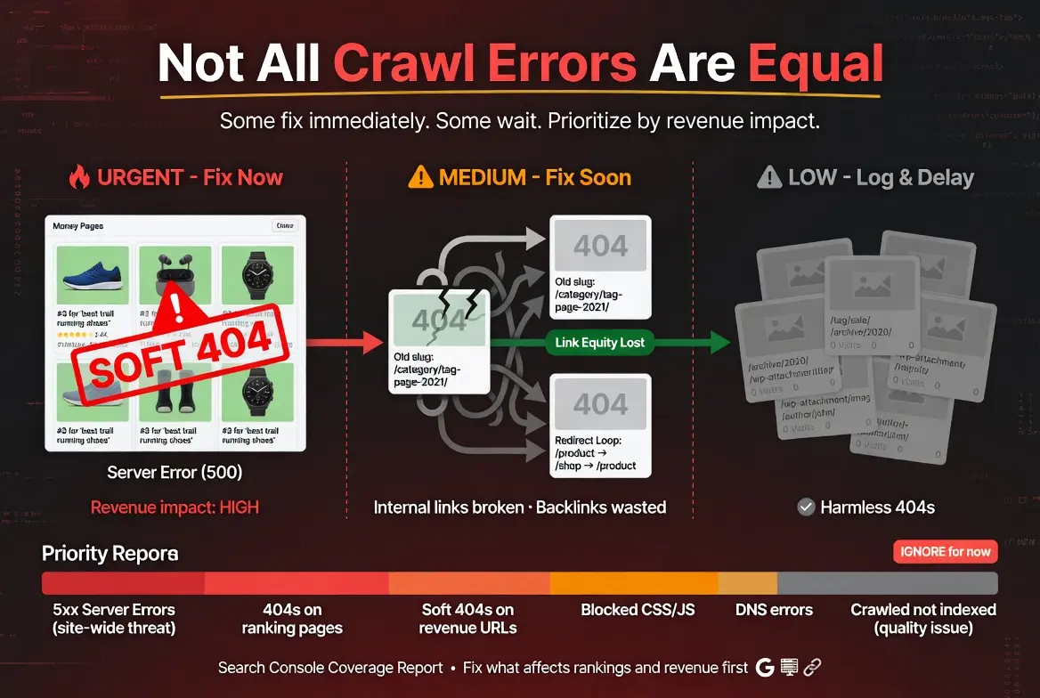 "Infographic illustrating why website crawlability is the foundation of SEO, showing how technical issues like broken internal links, 404 errors, orphan pages, robots.txt blocks, and indexing problems prevent Google from discovering content and reduce the effectiveness of on-page SEO, link building, E-E-A-T, and AI visibility."