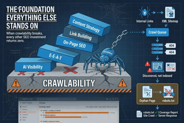 "Illustration showing crawlability as the technical foundation of SEO, demonstrating how Googlebot relies on internal links, XML sitemaps, and proper indexing while issues such as 404 errors, orphan pages, and robots.txt restrictions can limit search visibility and reduce the impact of content strategy, on-page SEO, link building, E-E-A-T, and AI search visibility."