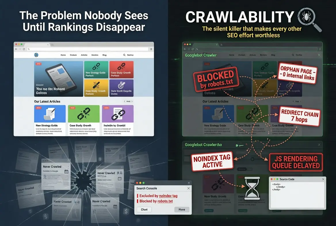 Technical SEO crawlability infographic illustrating how issues like robots.txt blocks, orphan pages, noindex tags, redirect chains, and JavaScript rendering delays prevent Google from crawling and indexing website content.