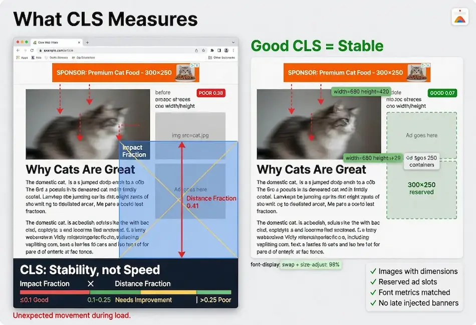 "Comparison infographic explaining Cumulative Layout Shift (CLS), showing a poor webpage layout with unexpected content movement versus a stable layout with reserved image and ad space, illustrating how proper sizing improves Core Web Vitals and user experience."