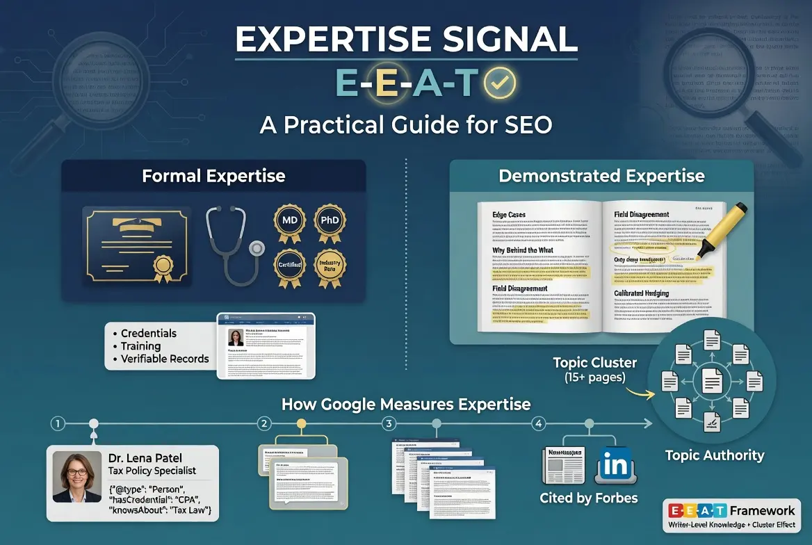 E-E-A-T expertise signal infographic explaining how Google evaluates SEO expertise through credentials, demonstrated knowledge, topic clusters, expert authors, and authoritative citations.