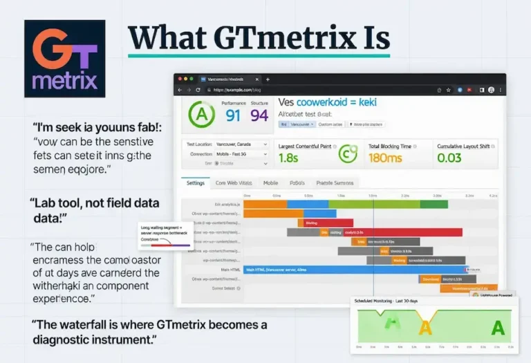 GTmetrix performance report showing Core Web Vitals, waterfall analysis, and page speed diagnostics used to identify website performance bottlenecks.
