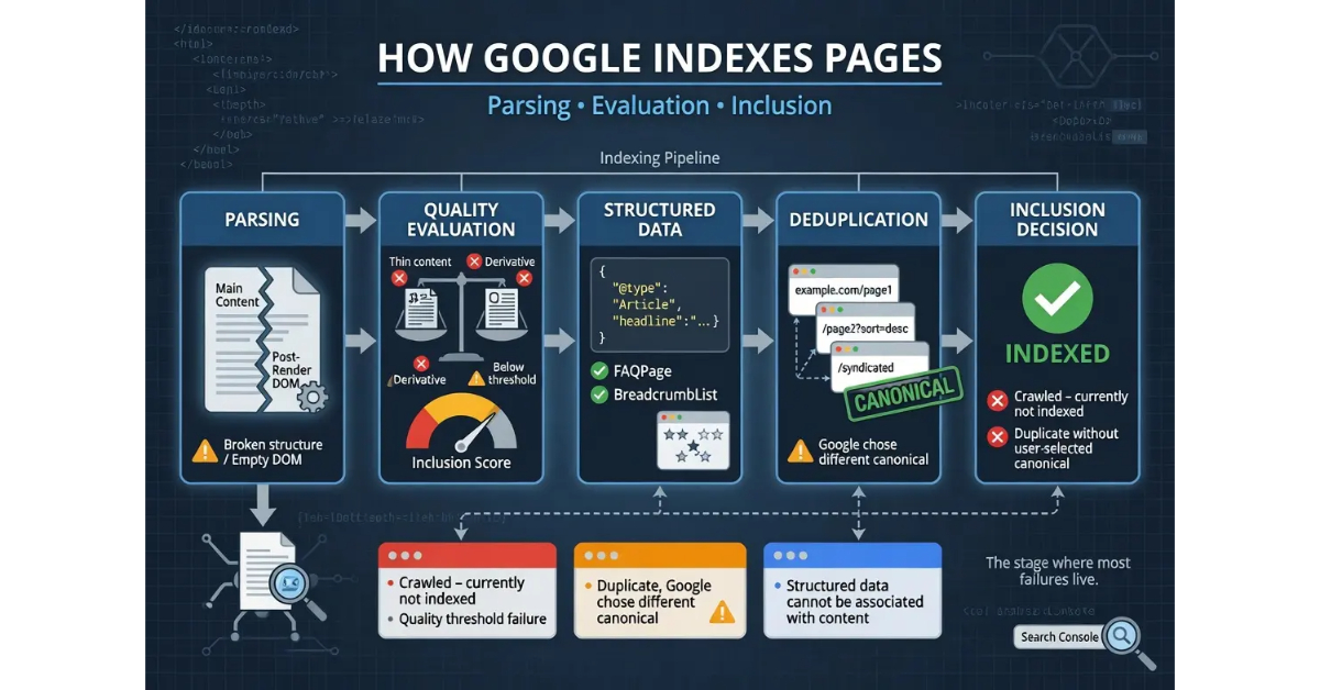 Image showing how google index pages - parsing, evaluation and inclusion