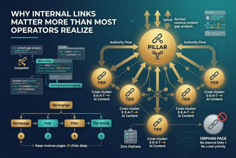 "Infographic explaining the importance of internal linking for SEO, showing how pillar pages distribute authority to supporting content through strategic internal links, improve crawlability, strengthen E-E-A-T, eliminate orphan pages, and enhance topical authority for better search visibility."