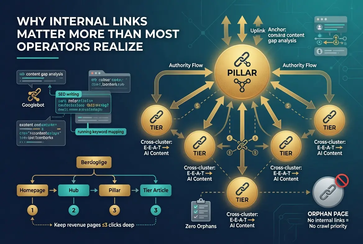 "Infographic explaining the importance of internal linking for SEO, showing how pillar pages distribute authority to supporting content through strategic internal links, improve crawlability, strengthen E-E-A-T, eliminate orphan pages, and enhance topical authority for better search visibility."