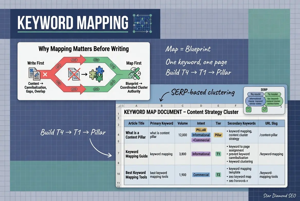 Keyword mapping infographic explaining SEO content planning using keyword clusters, search intent, pillar pages, topic clusters, and SERP-based keyword mapping.