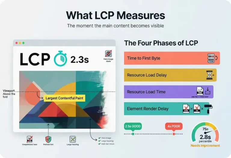 Largest Contentful Paint (LCP) infographic explaining the four phases of LCP—Time to First Byte, Resource Load Delay, Resource Load Time, and Element Render Delay—with a 2.3-second LCP example and Core Web Vitals performance benchmarks.