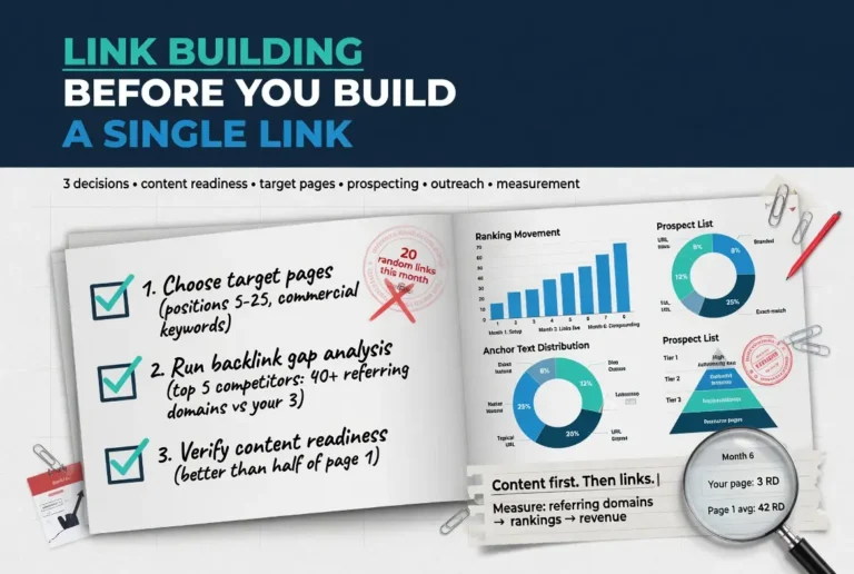 Infographic outlining a strategic link building process, emphasizing target page selection, backlink gap analysis, content readiness, outreach planning, and performance measurement to build high-quality backlinks that improve search rankings and organic traffic.