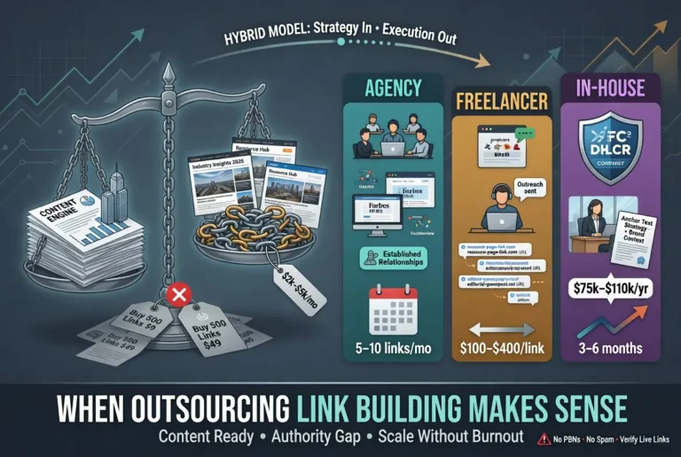 Link building outsourcing comparison showing agency, freelancer, and in-house SEO strategies for scalable backlink acquisition.