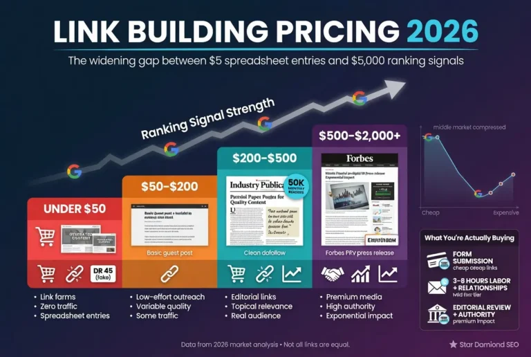 Link Building Pricing 2026 infographic comparing backlink costs from under $50 to $2,000+ and showing how higher-quality editorial links improve Google ranking signals.