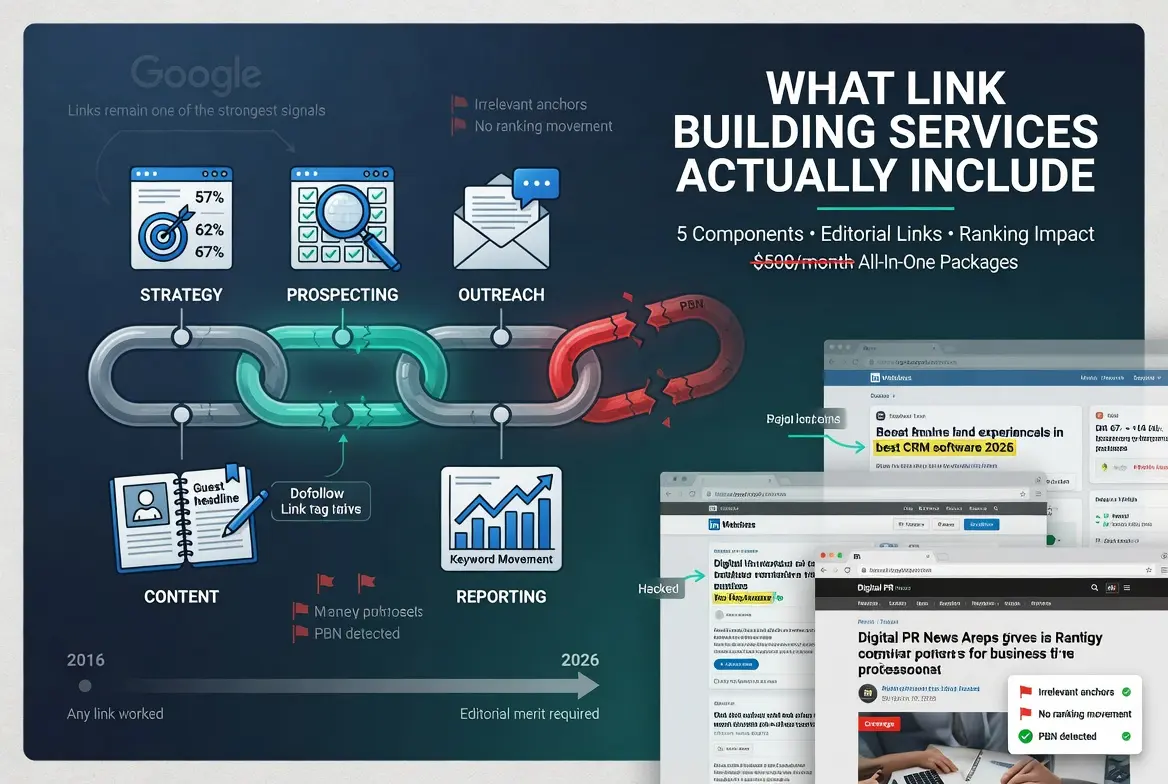 Link building services infographic showing the SEO link-building process, including strategy, content creation, prospecting, outreach, editorial backlinks, reporting, and performance tracking to improve search rankings and organic authority.