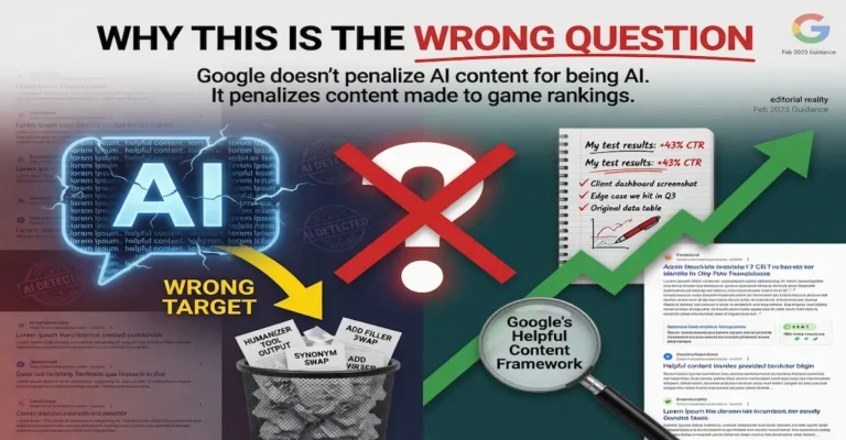 Google Helpful Content Framework infographic explaining that AI content is acceptable when it delivers original, people-first value and SEO quality.
