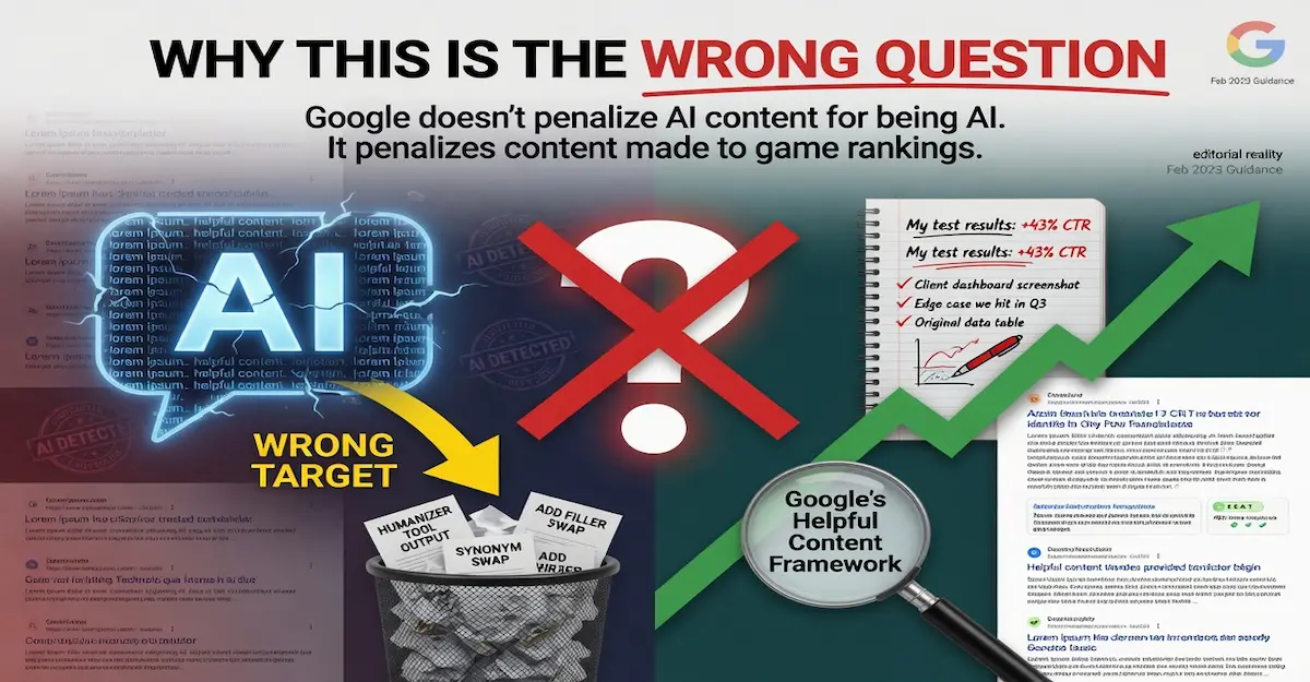 Google Helpful Content Framework infographic explaining that AI content is acceptable when it delivers original, people-first value and SEO quality.