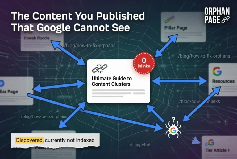 Orphan page SEO infographic showing how content without internal links becomes invisible to Google, leading to indexing issues, zero inbound links, and reduced search visibility.