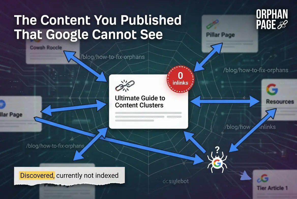 Orphan page SEO infographic showing how content without internal links becomes invisible to Google, leading to indexing issues, zero inbound links, and reduced search visibility.