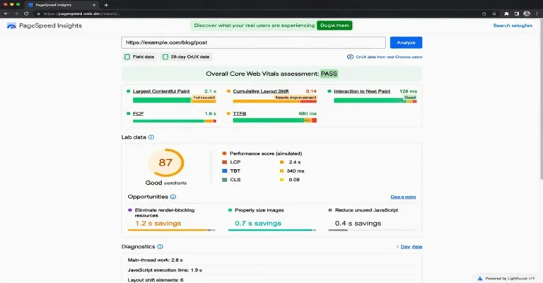 Google PageSpeed Insights report displaying Core Web Vitals, performance score, Largest Contentful Paint (LCP), Interaction to Next Paint (INP), Cumulative Layout Shift (CLS), diagnostics, and optimization opportunities for improving website speed and SEO.