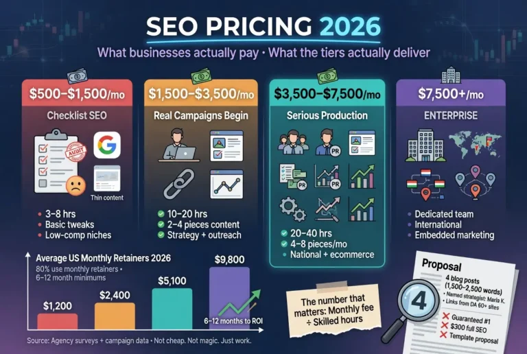 "Infographic illustrating SEO pricing tiers for 2026, comparing monthly retainers from $500 to $7,500+ and outlining the services, deliverables, and business outcomes associated with each investment level, from basic SEO to enterprise campaigns."