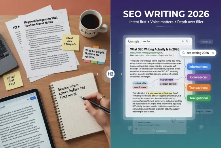 SEO writing 2026 infographic explaining search intent, E-E-A-T, keyword integration, content structure, and user-focused writing for better Google rankings.
