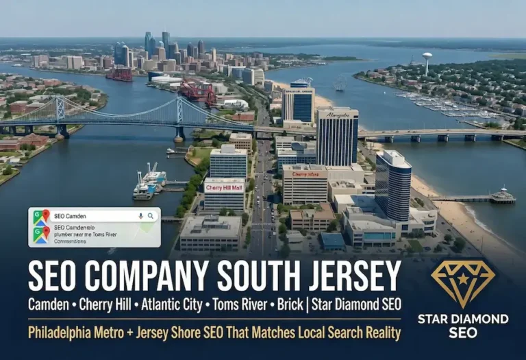 Aerial view of South Jersey featuring Camden, Cherry Hill, Atlantic City, Toms River, and Brick, promoting Star Diamond SEO's local SEO services designed to improve search visibility and business growth across the Philadelphia metro and Jersey Shore region.