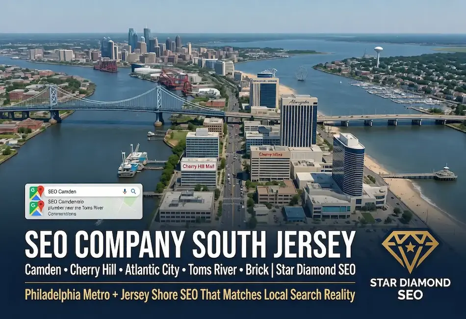 Aerial view of South Jersey featuring Camden, Cherry Hill, Atlantic City, Toms River, and Brick, promoting Star Diamond SEO's local SEO services designed to improve search visibility and business growth across the Philadelphia metro and Jersey Shore region.