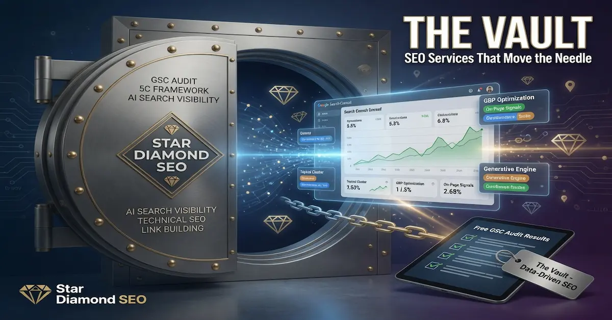 SEO services infographic showcasing technical SEO, Google Search Console audits, AI search visibility, GBP optimization, and data-driven SEO strategies for business growth.