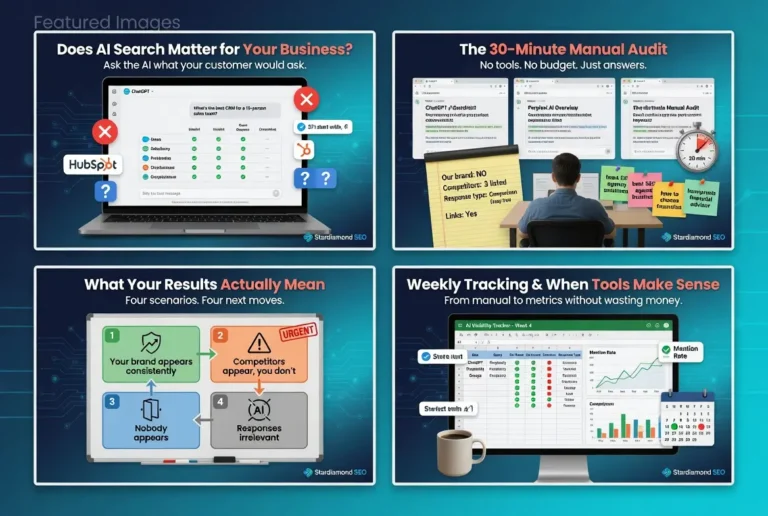 Featured images collage showing AI search visibility analysis, a 30-minute manual SEO audit process, interpretation of AI search results, and weekly tracking of brand mentions and rankings.