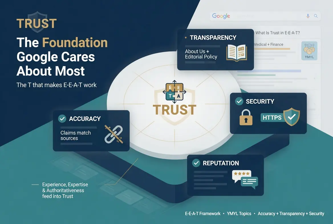 "Infographic explaining the role of trust in Google's E-E-A-T framework, highlighting transparency, accuracy, security, and reputation as key factors for building website credibility, improving search quality, and supporting SEO performance."
