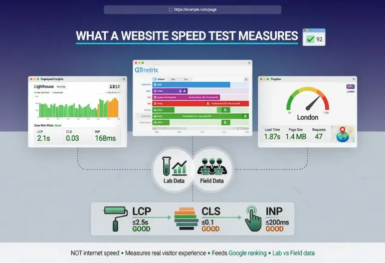 Image showing what a website speed test actually measure - LCP, CLS and INP