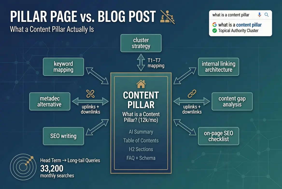 "Diagram comparing a content pillar page with a standard blog post, illustrating how a pillar page supports topical authority through keyword mapping, content clusters, internal linking, on-page SEO, content gap analysis, and strategic interlinking."
