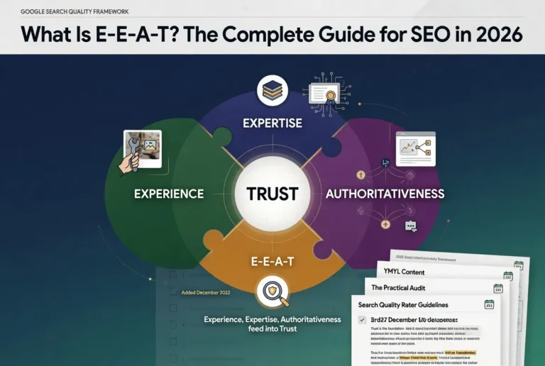 E-E-A-T SEO infographic explaining how Experience, Expertise, Authoritativeness, and Trust work together to improve Google rankings, build credibility, and meet YMYL quality standards for SEO in 2026.