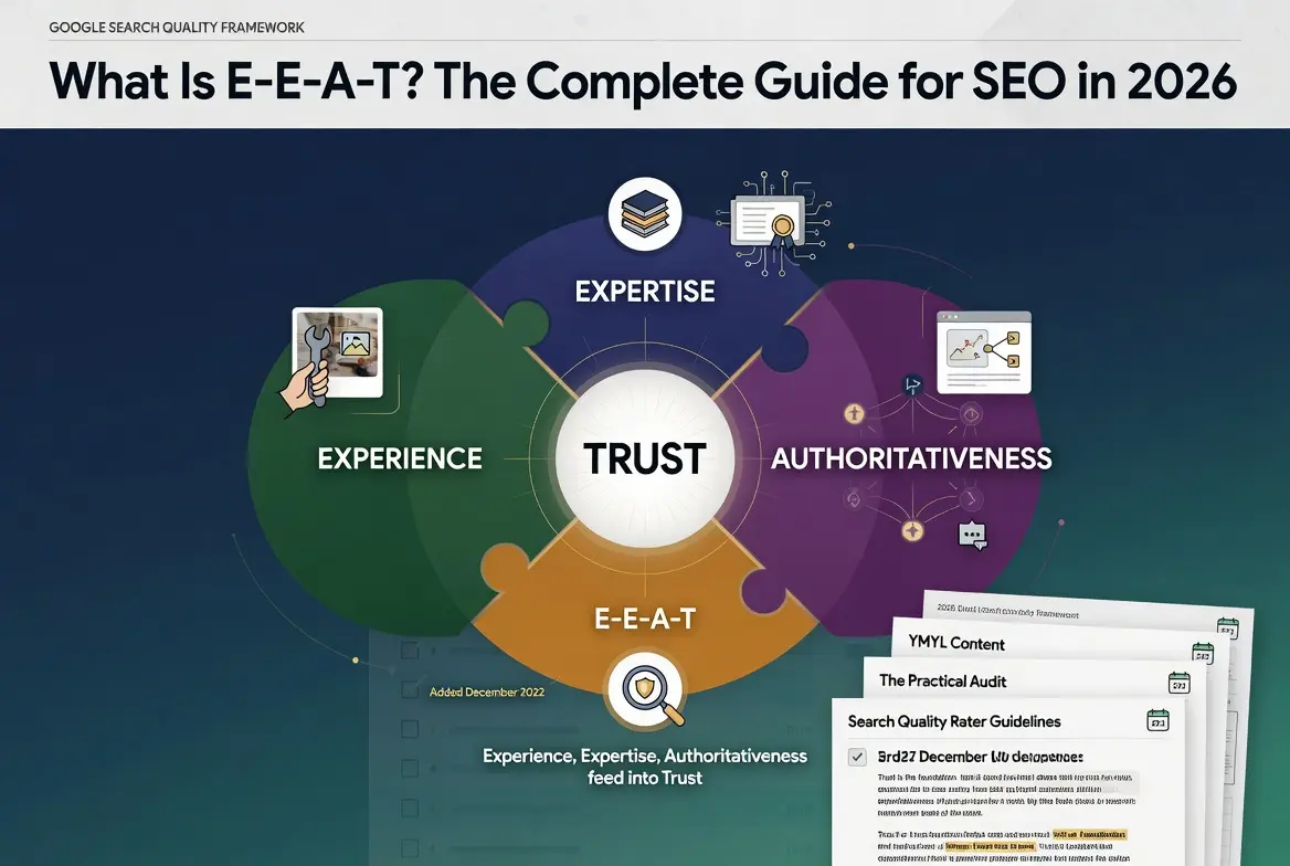 E-E-A-T SEO infographic explaining how Experience, Expertise, Authoritativeness, and Trust work together to improve Google rankings, build credibility, and meet YMYL quality standards for SEO in 2026.