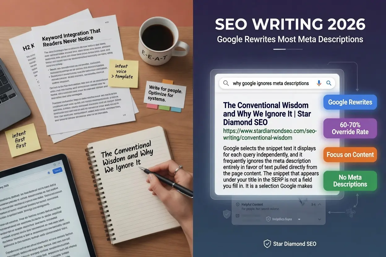 "Split-screen infographic about SEO writing best practices in 2026, showing content creation focused on search intent and E-E-A-T alongside a Google search example explaining that Google frequently rewrites meta descriptions based on page content rather than the provided meta description."